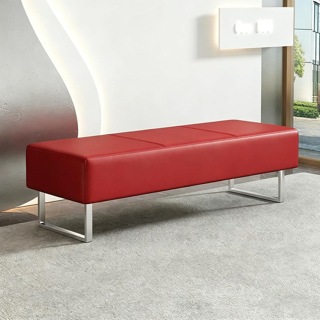 Waiting Room Storage Bench, Upholstered Faux Leather Guest Reception Chair, 9" Thick Multi-Color, for Barber/Salon/Office/Entryway/Work/Bedroom/Piano/SmallSpace Red 47.2" Stainless Steel