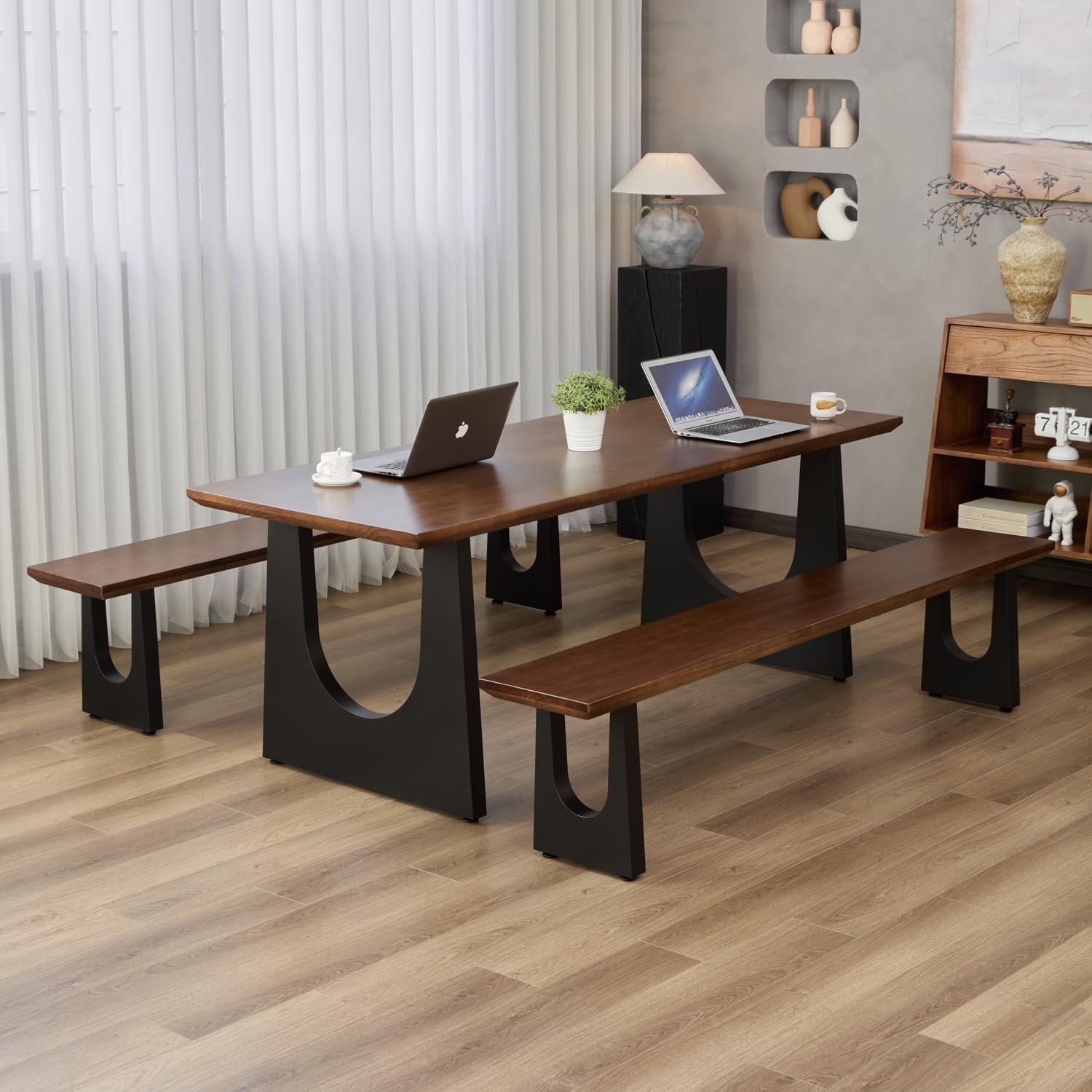 Walnut Color Long Bench Solid Wood Top Metal Legs U-Shaped Design Durable Sturdy Dining Bench Ideal for Office Home Restaurant Patio Multiple (Bench, 78.74in)