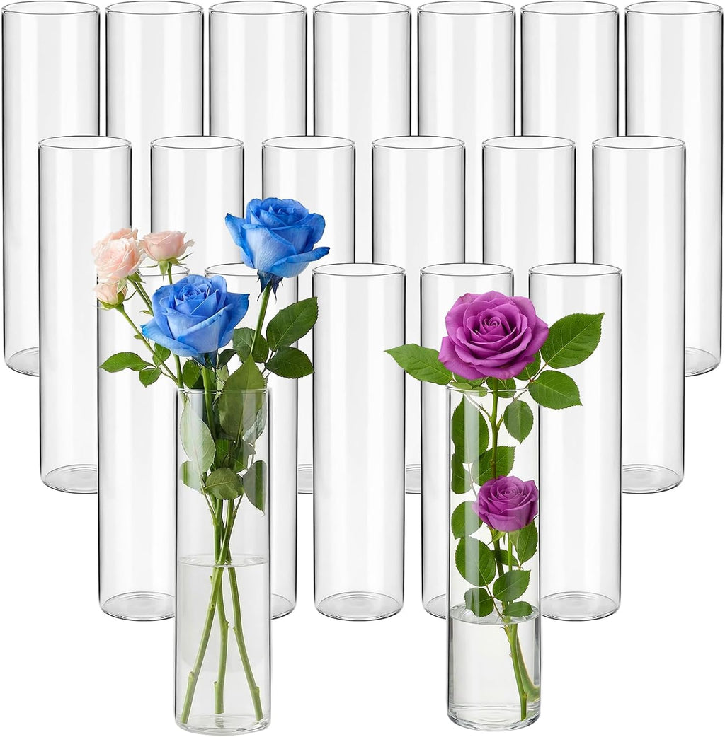 20 Pcs Glass Cylinder Bud Vases for Centerpieces, H: 7.15" x D: 1.85", Birthday Party Wedding Centerpiece Table Decorations, Home Decor, Small Cylinder Living Bud Vases in Bulk for Flowers