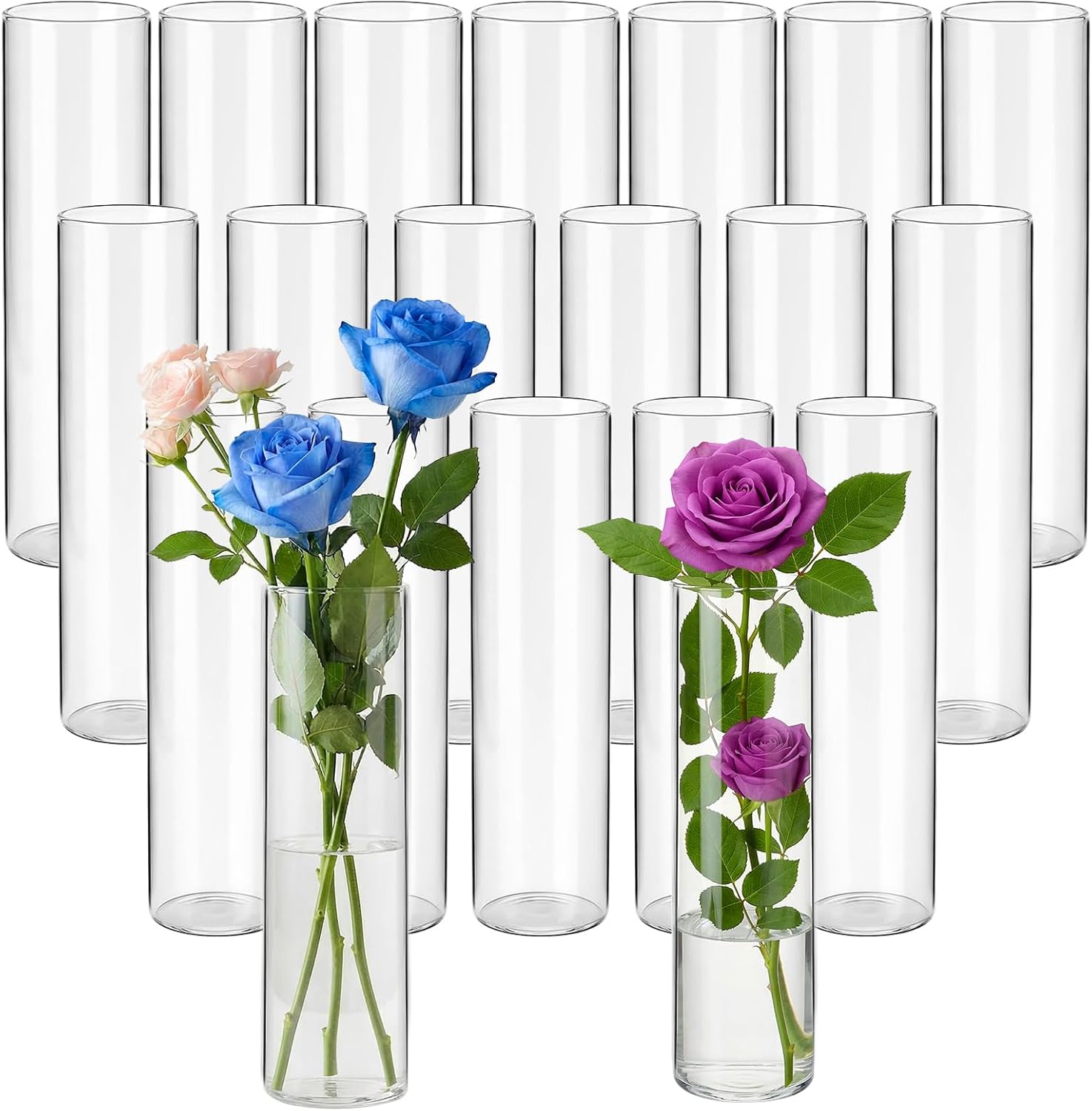 20 Pcs Glass Cylinder Bud Vases for Centerpieces, H: 7.15" x D: 1.85", Birthday Party Wedding Centerpiece Table Decorations, Home Decor, Small Cylinder Living Bud Vases in Bulk for Flowers