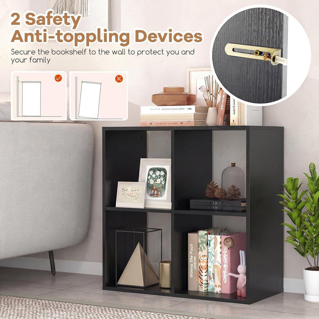 POWERSTONE 4 Cube Storage Organizer, 2 Tier Cubby Bookshelf Freestanding Bookcase w/Back Guardrail, Open Back Display Rack for Living Room, Bedroom, Study, Black
