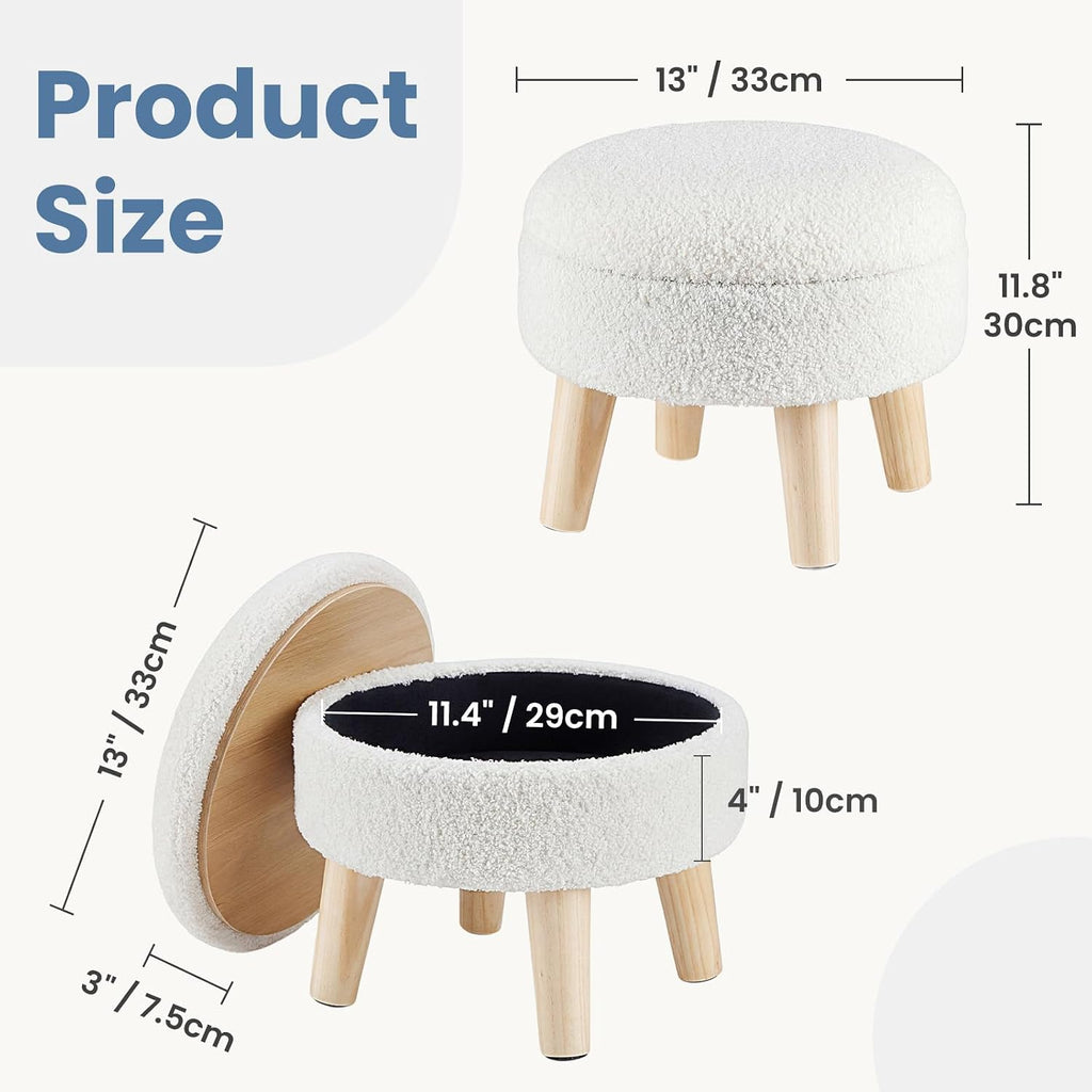 DUMOS Round Storage Ottoman with Reversible Tray Lid, Multi-Functional Footrest, Teddy Velvet Footstool with Wood Legs, Small Coffee Table for Living Room, Bedroom, Beige