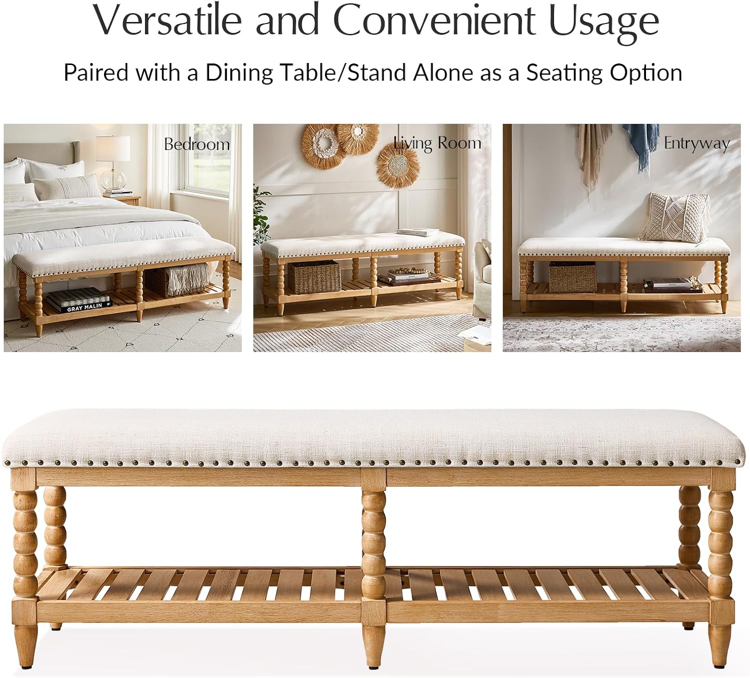 HULALA HOME Entryway Bench with Soild Wood Shelf, 58" Upholstered Shoe Storage Bench with Spindle Legs, Nailhead Trim Detail for Bedroom, Living Room, Hallway, Ivory