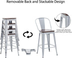 Andeworld Metal Bar Stools Counter Height Stools Dining Chairs High Back Industrial Barstools Set of 4 (30inch,Silver)