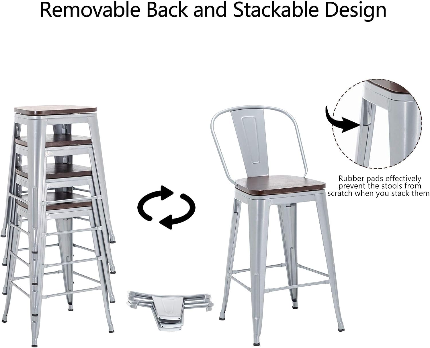 Andeworld Metal Bar Stools Counter Height Stools Dining Chairs High Back Industrial Barstools Set of 4 (30inch,Silver)
