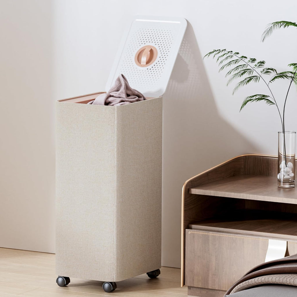 LAMU Hamper With Lid, Clothes Hamper, Laundry Basket with Lid with Removable Liner Bags, Dirty Clothes Basket with Wheels, Stylish Dirty Laundry Organizer for Home, 50L