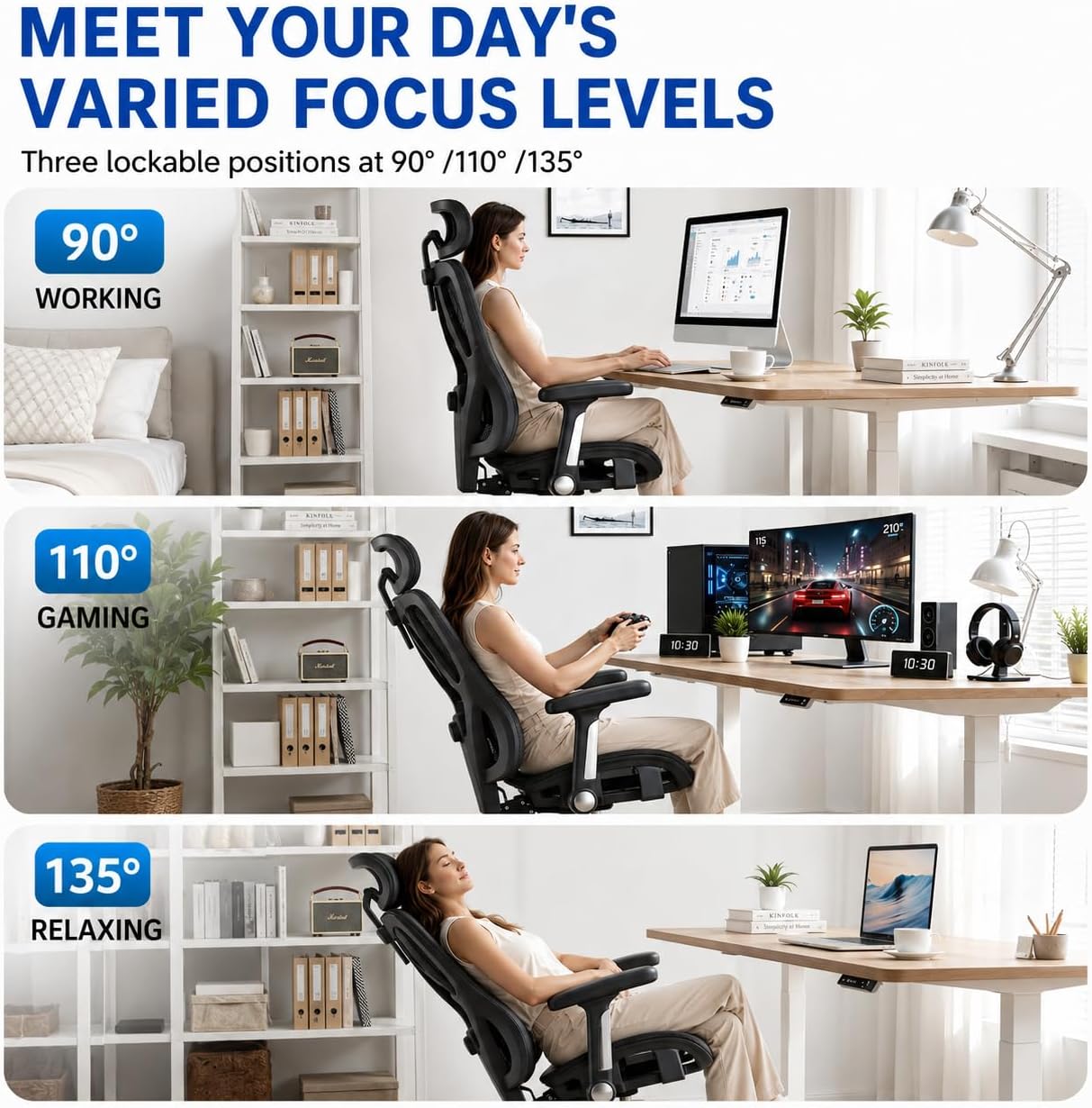 Ergonomic Office Chair, Breathable Mesh Back and Seat, High Back Desk Chair with Adjustable Lumbar Support, 5D Armrests, 135° Reclining Backrest, 2D Headrest, Home Office Computer Chair
