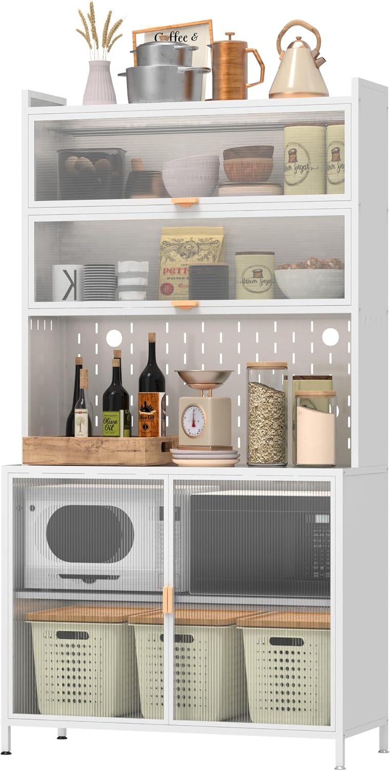 73" Metal Kitchen Pantry Cabinet with Flip Door - 6-Tier Storage Hutch with Pegboard, Adjustable Shelves - Freestanding Kitchen Storage Cabinet for Pantry Organization, Food, Dishes White (White)