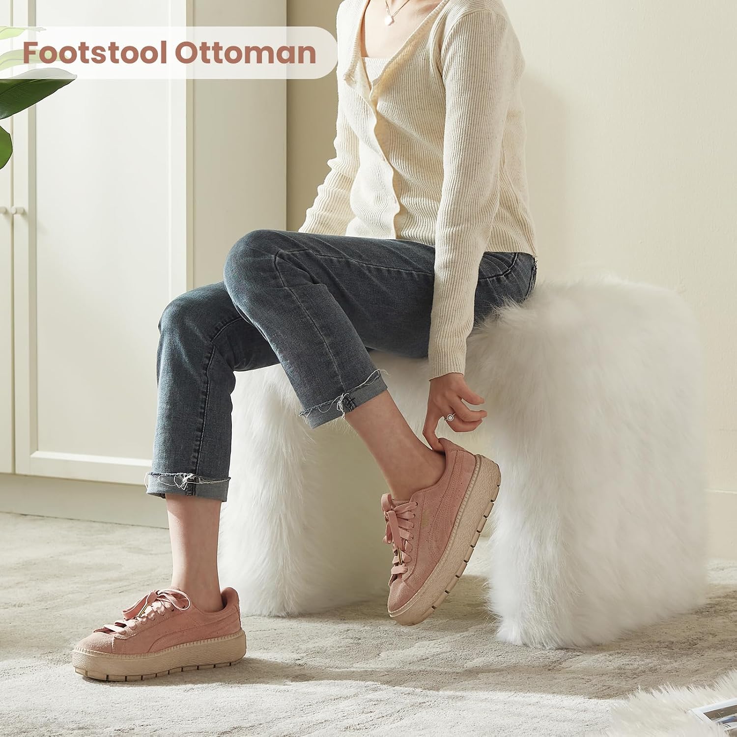 Vanity Stool Chair Small Footstool Ottoman Faux Fur Seating Backless Modern Foot Rest Ottoman Furry for Makeup Room Living Room Bedroom Entryway,White (Single 1)
