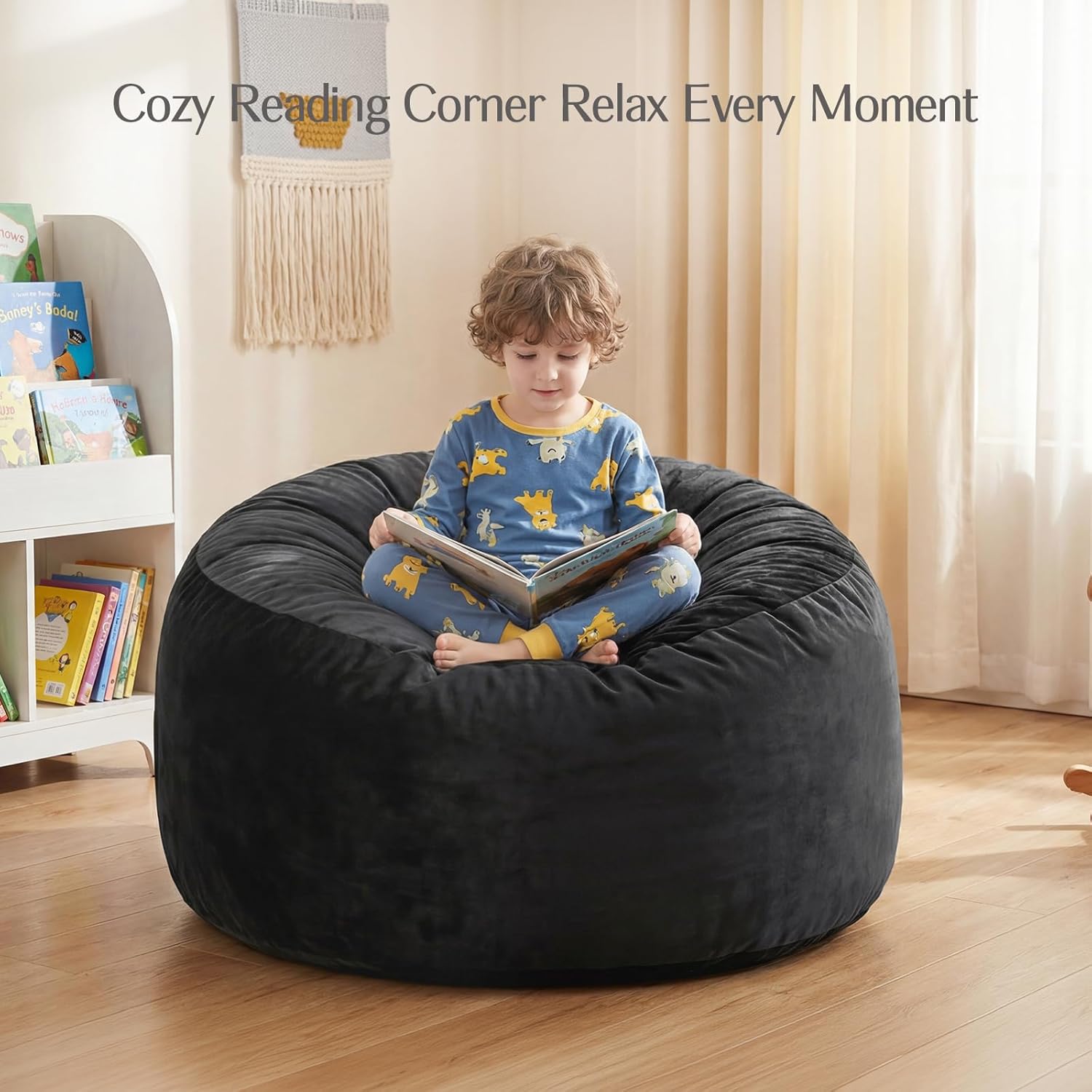 5FT Bean Bag Chair for Adults, Gaint Bean Bag with Filling, Memory Foam Bean Bags with Ultra Soft Washable Dutch Velvet Cover, Beanbag for Living Room, Bedroom and Gaming Room -5 Foot, Black