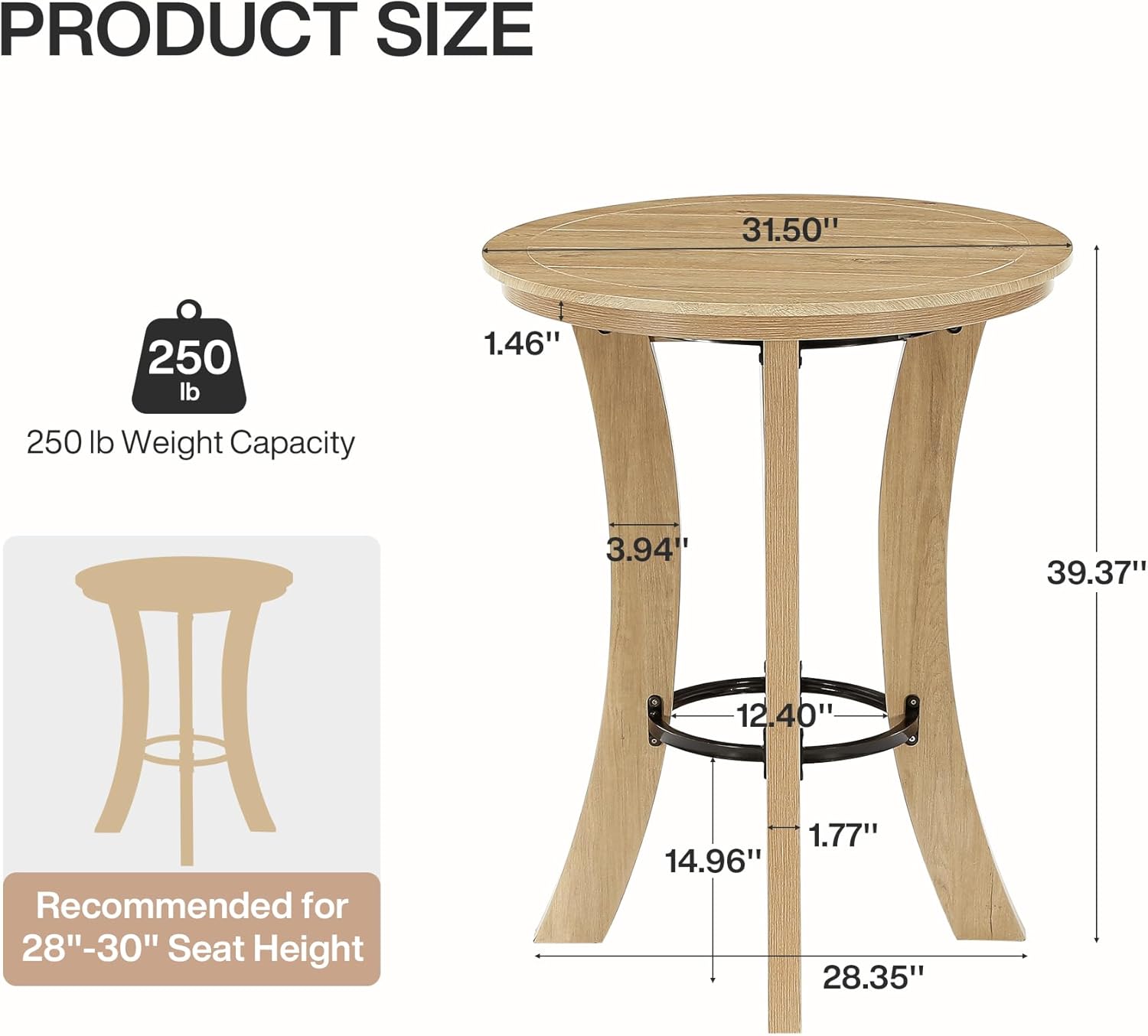 Tribesigns Round Bar Table, 39.4" H Wood Counter Height Pub Bistro Table with Metal Footrest, Modern Tall Kitchen Breakfast Table for Home Bar, Dining Room, Small Space, Light Brown (Table Only)