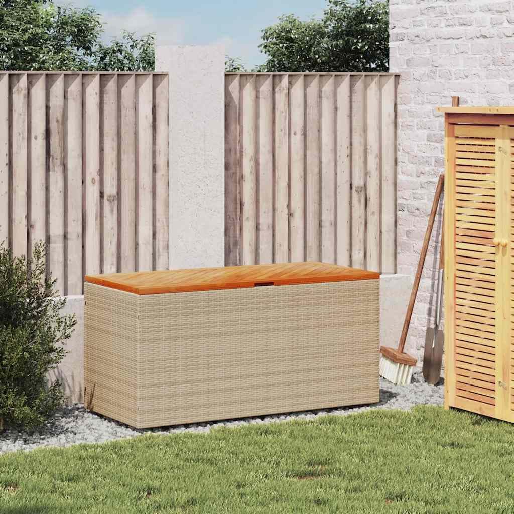 Patio Storage Box Outdoor Resin Wicker Bench 43.3"x19.7"x21.3" Weather Resistant with Acacia Wood Lid Seat and Lockable Chest for Garden Cushions Blankets Tool Storage
