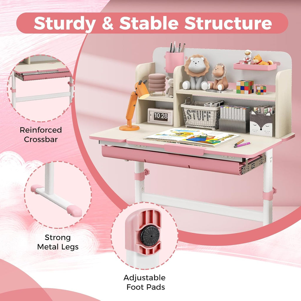 HONEY JOY Kids Desk, Children School Study Desk w/ 7-Level Tiltable Desktop, Height Adjustable Table w/Bookshelf, Pull-Out Drawer & Pen Holder, Student Writing Workstation, Desk for Girls Boys (Pink)