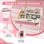 HONEY JOY Kids Desk, Children School Study Desk w/ 7-Level Tiltable Desktop, Height Adjustable Table w/Bookshelf, Pull-Out Drawer & Pen Holder, Student Writing Workstation, Desk for Girls Boys (Pink)