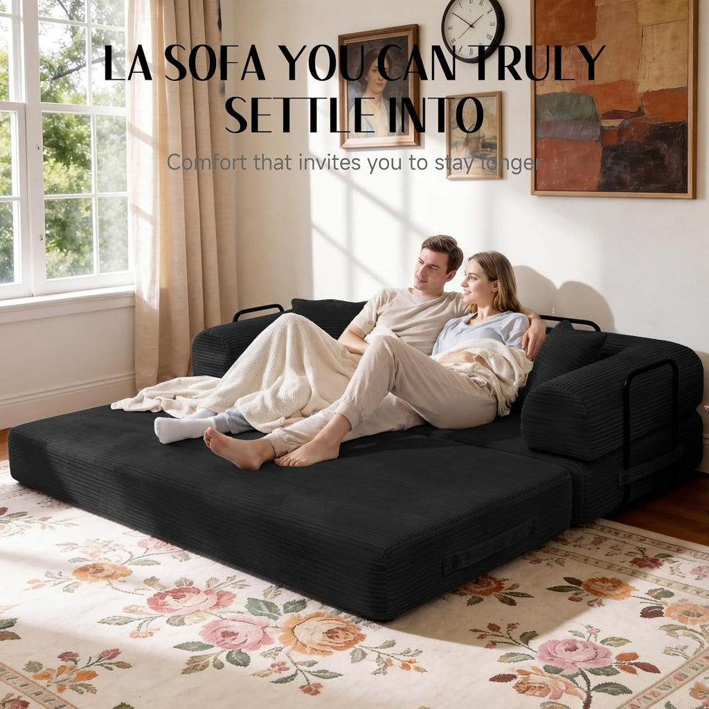79'' Convertible Sofa Bed, Boneless Couch-in-a-Box, Corduroy Floor Futon Loveseat Sleeper, 26'' Deep Seat, Removable Machine-Wash Covers, No Assembly, 2 Pillows, Black