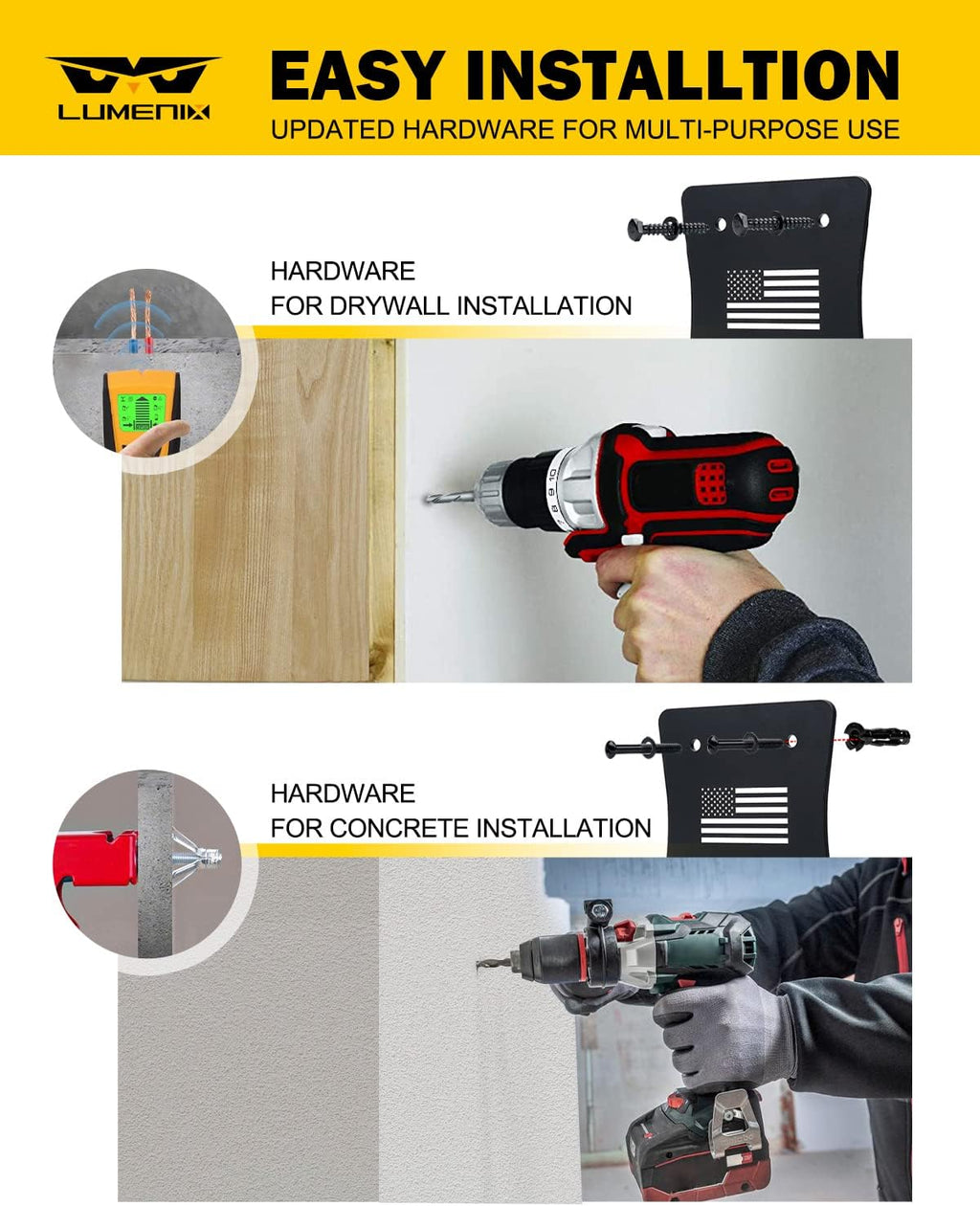 LUMENIX Heavy Duty Door Storage Hangers Bracket, Wall-Mounted Systems Kits Doors Holder Racks Compatible with 1956-2025 Jeep Wrangler CJ YJ TJ JK JKU JL JLU LJ JT (4 PCS, U.S. America Flag Pattern)