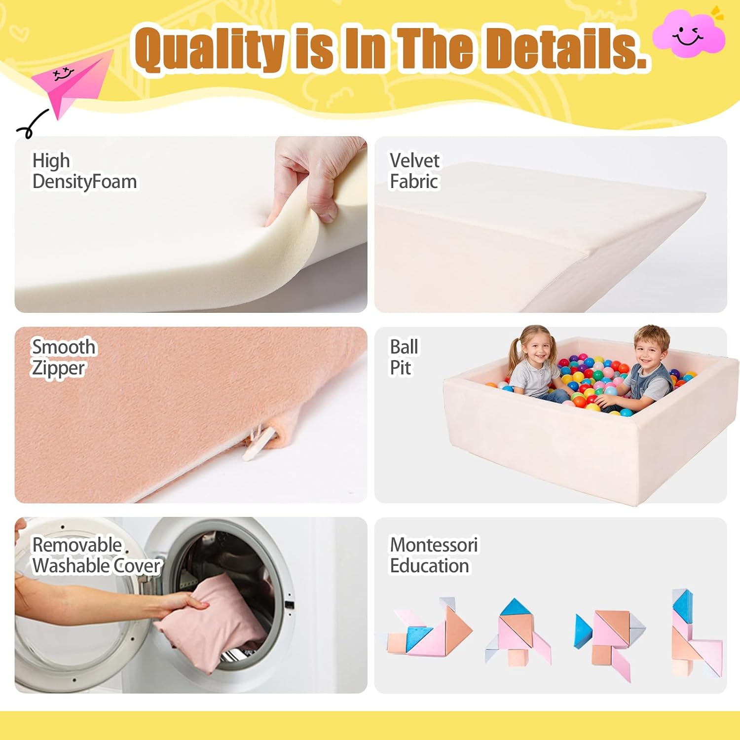 Tangram Puzzles Modular Kids Play Couch Building Fort, Children Explorer Sofa with Ball Pit, Kids playroom Convertible Furniture for Inspiring Child Creativity, Made Entirely of Sponge (Pink Series)