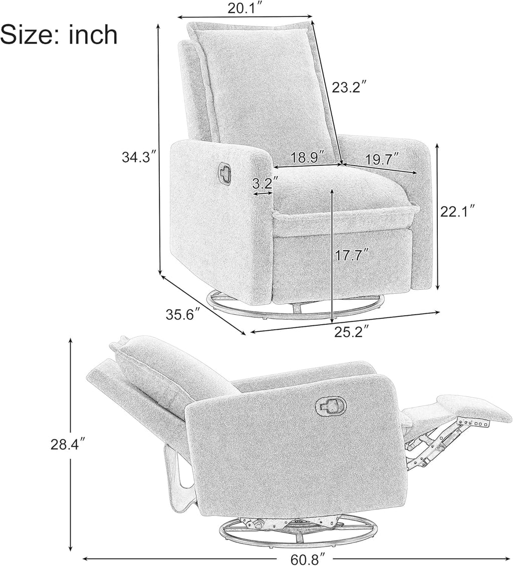 ERYE Modern Manual Reclining Chair Glider Rocker Chair with Swivel for Living Room Bedroom, Manual Lovely Recliner Armchair Boucle Upholstered 360° Swivel Nursery Armchair