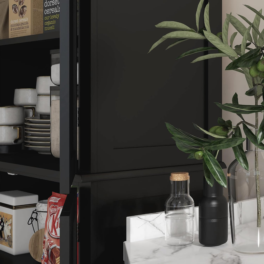 30" D*16" W*72.5" H Freestanding Kitchen Pantry with 4 Adjustable Shelves, 2 Double Doors, Rectangular Storage Cabinet, Traditional, for Living Room, Dining Room, Black