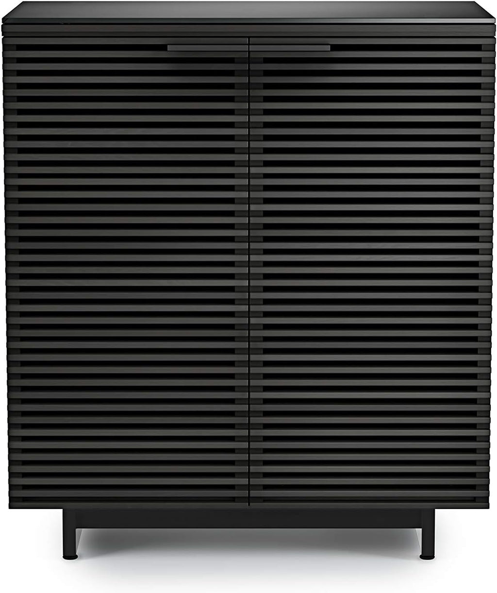 BDI Furniture Corridor 5620-36'' Bar Cabinet with Louvered Doors, Wine and Bottle Storage, Adjustable Shelf, Storage Drawer, Stemware Rack and Glass Top, Charcoal Stained Ash
