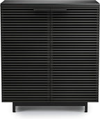 BDI Furniture Corridor 5620-36'' Bar Cabinet with Louvered Doors, Wine and Bottle Storage, Adjustable Shelf, Storage Drawer, Stemware Rack and Glass Top, Charcoal Stained Ash