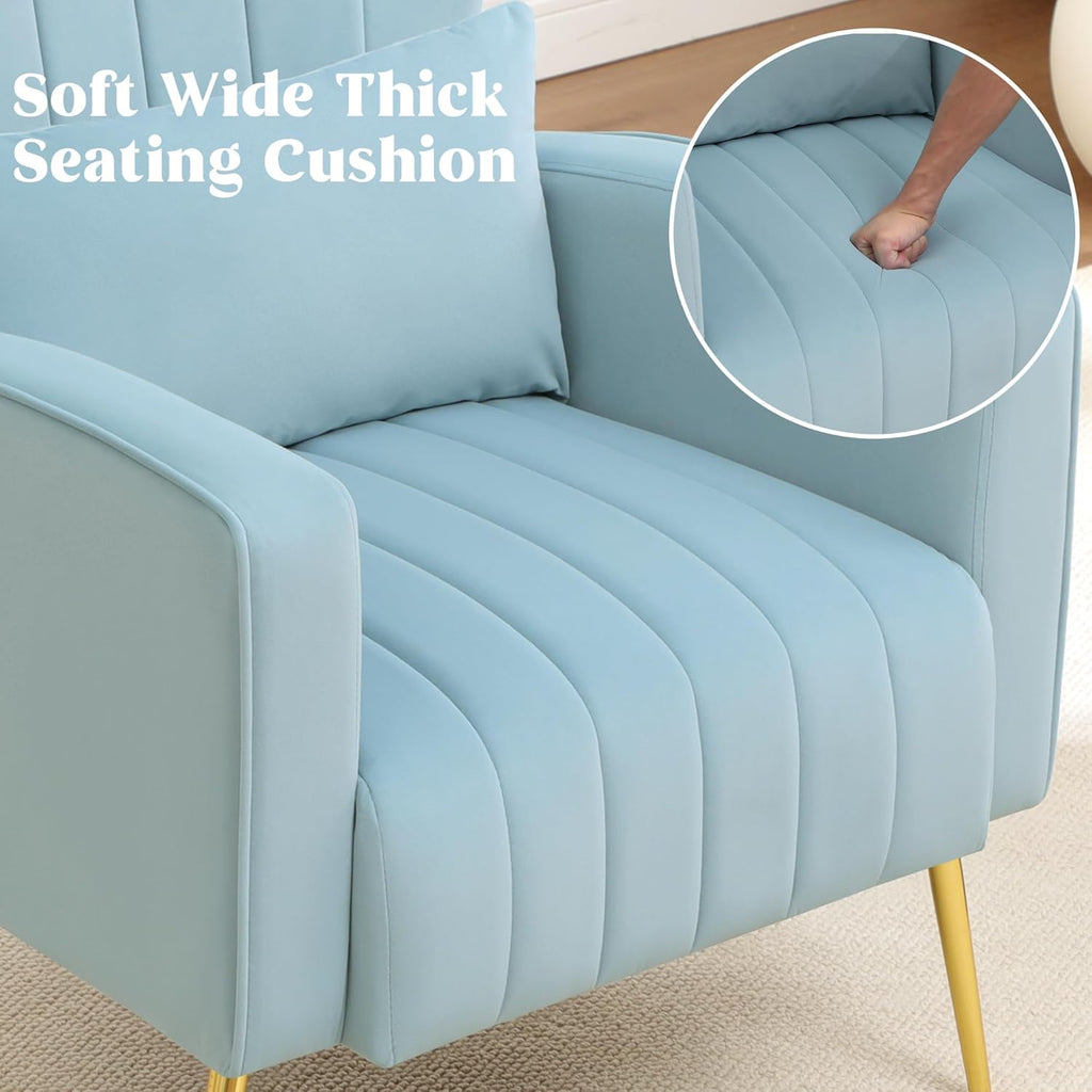Modern Accent Chairs Set of 2 Upholstered Living Room Chairs,High Back Arm Chairs with Metal Legs Lumbar Reading Chair for Bedroom, Apartment, Small Spaces Sky Blue