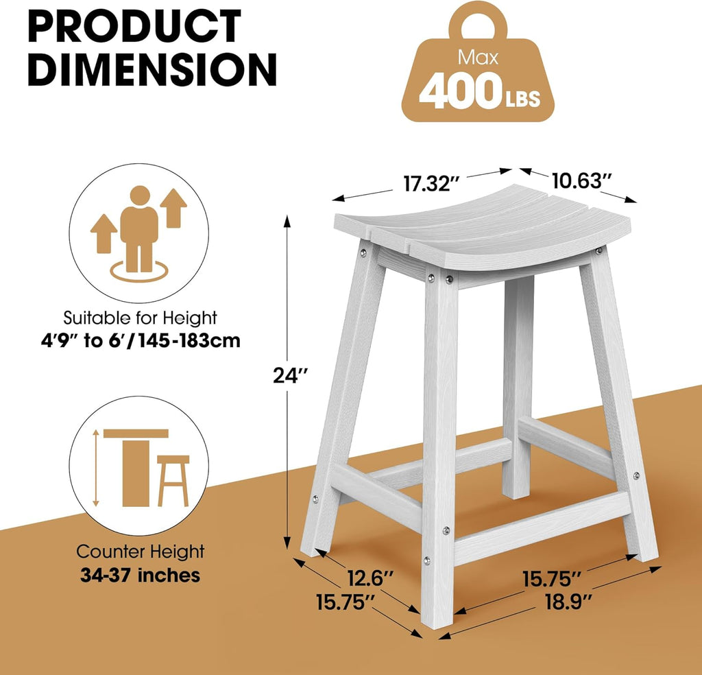 Ciokea 2 Set 24" Outdoor Bar Stools Heavy Duty HDPE Counter Height Bar Stools Weatherproof Patio Seats Modern Waterproof BarStools for Bar Deck Balcony Kitchen Counter Yard, White