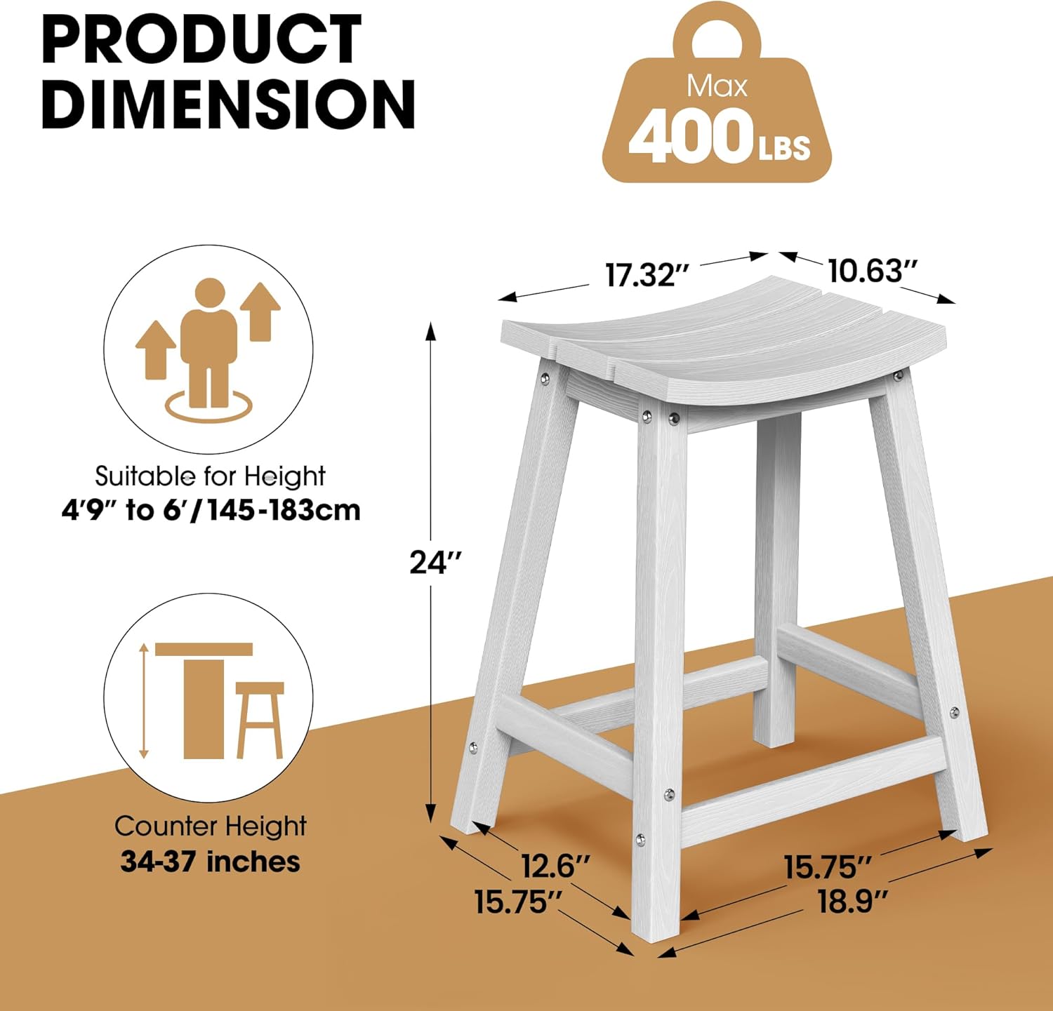 Ciokea 2 Set 24" Outdoor Bar Stools Heavy Duty HDPE Counter Height Bar Stools Weatherproof Patio Seats Modern Waterproof BarStools for Bar Deck Balcony Kitchen Counter Yard, White