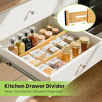 Fyvva Drawer Divider, Adjustable Bamboo Kitchen Drawer Organizer, Spring Loaded Drawer Organizer, Dresser Separators for Kitchen, Bathroom, Clothes, Office Desk Storage (Natural, 8 Pack Large)