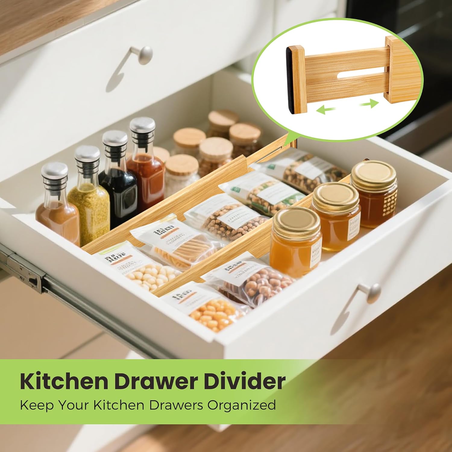 Fyvva Drawer Divider, Adjustable Bamboo Kitchen Drawer Organizer, Spring Loaded Drawer Organizer, Dresser Separators for Kitchen, Bathroom, Clothes, Office Desk Storage (Natural, 8 Pack Large)