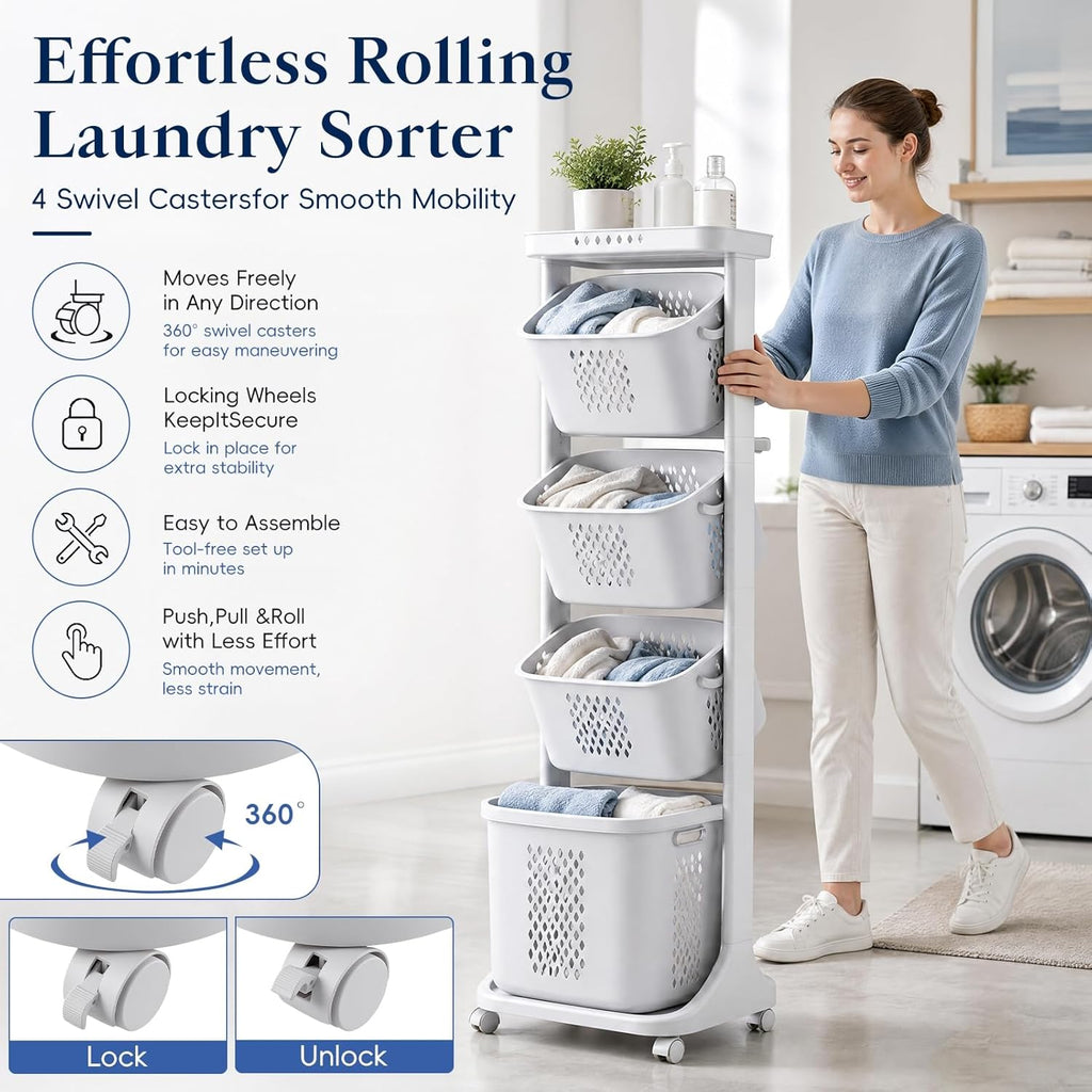 4-Tier Vertical Laundry Hamper Sorter with Wheels, Removable Vertical Rolling Laundry Basket, 4 Section Sorters Cart for Small Space, Dorm, Closet, Bathroom Grey-4Layer