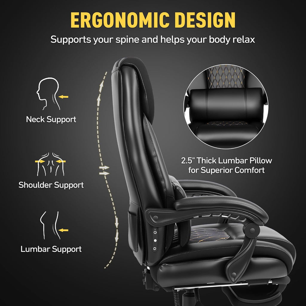 3D Kneading Massage Office Chair with Heat, 500 lbs Big and Tall Executive Computer Desk Recliner, Leather Electric Heated Chair with Footrest, Black