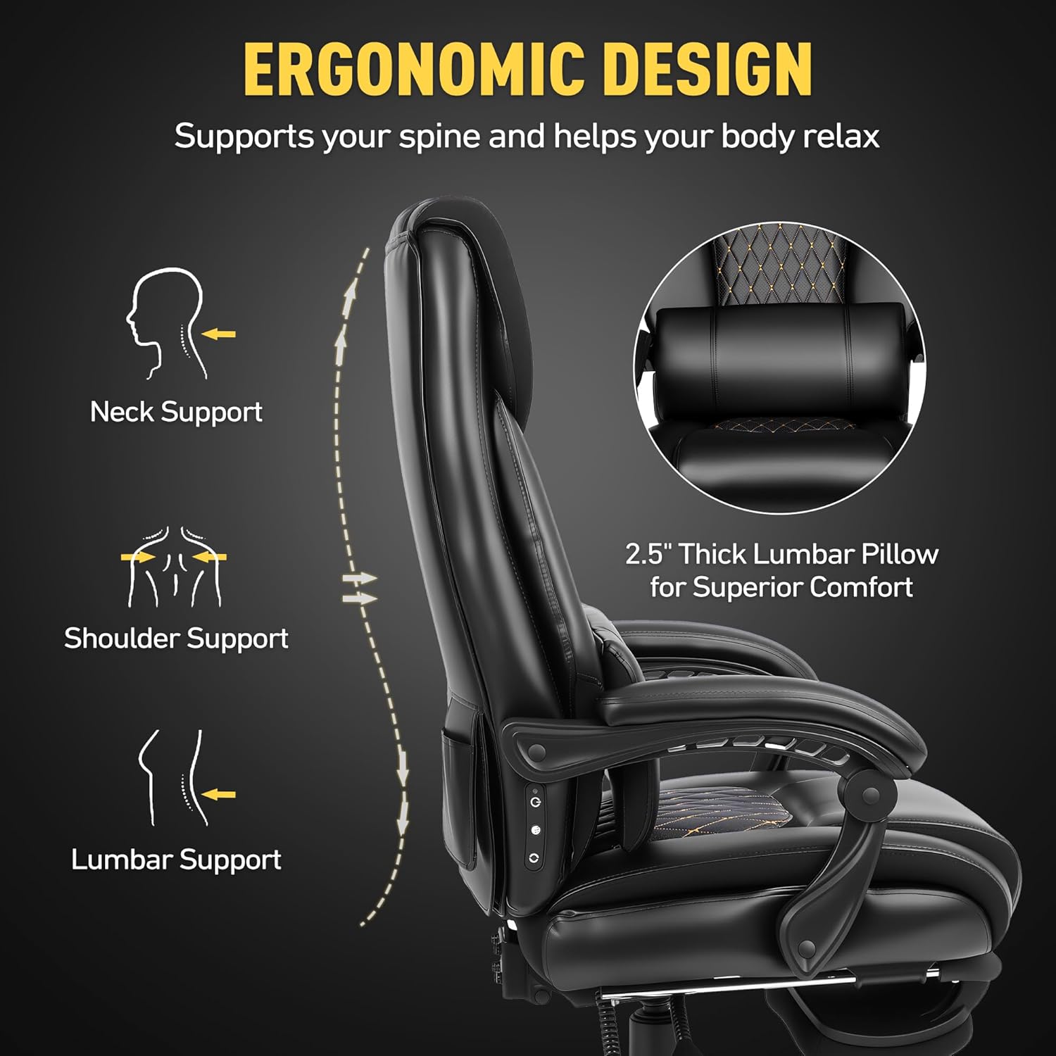 3D Kneading Massage Office Chair with Heat, 500 lbs Big and Tall Executive Computer Desk Recliner, Leather Electric Heated Chair with Footrest, Black