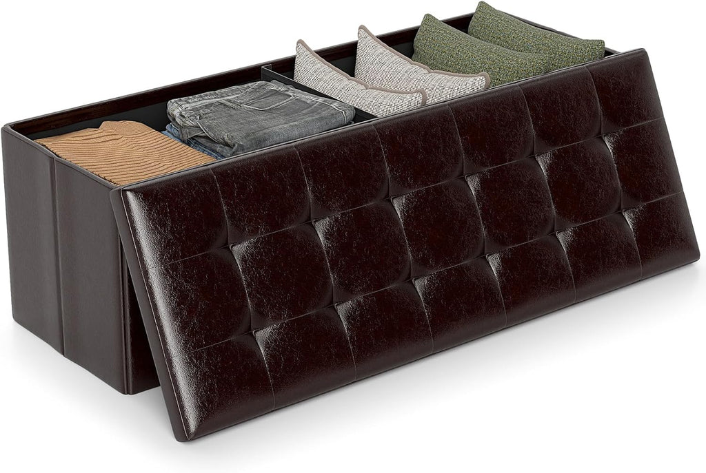 Giantex 43 Inches Folding Storage Ottoman Bench, Upholstered PU Leather Storage Chest with Side Pocket, Padded Seat, End of Bed Bench, Collapsible Ottoman Foot Rest for Living Room, Bedroom & Entryway