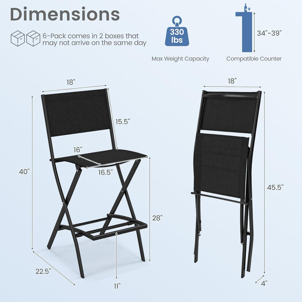 Tangkula Outdoor Barstools Set of 2, Counter Height Folding Bar Chairs with Back and Footrest, Versatile Patio Dining Chairs with Breathable Fabric & Heavy-Duty Metal Frame (2, Black)