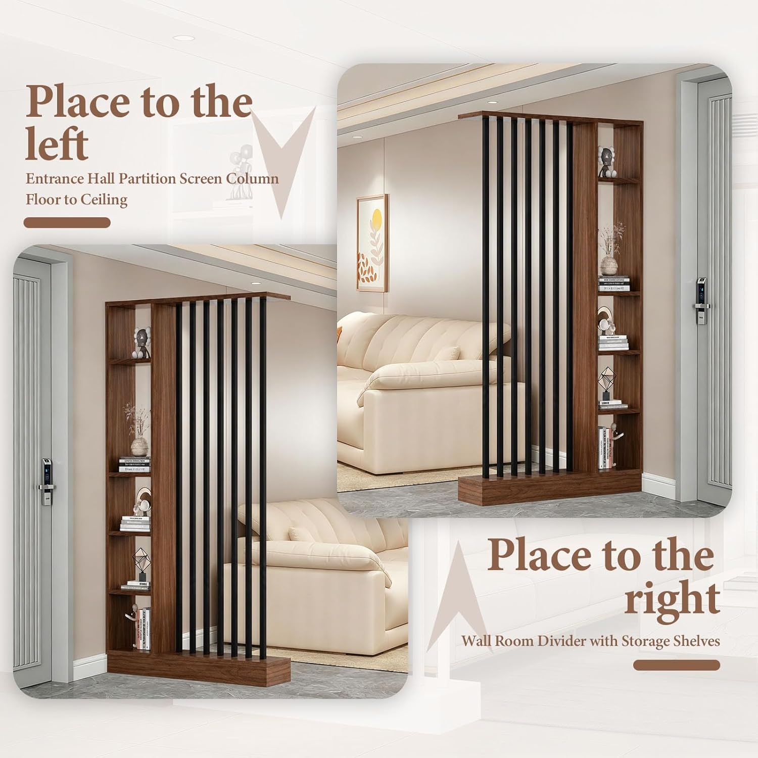 Wall Room Divider Entrance Hall Partition Screen Column Floor to Ceiling Wall Room Divider with Storage Shelves Modern Room Dividers with Shelves,Walnut+Black,L47×W9×H81