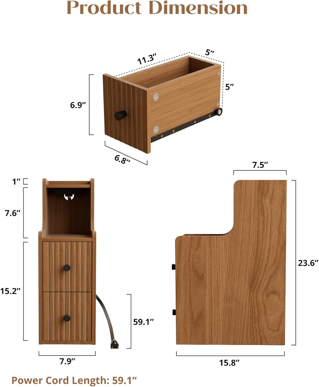 Set of 2 Narrow Side Table with Charging Station, Wooden Slim End Table with Storage, Mid Century Modern Nightstand with Drawers for Living Room, Walnut