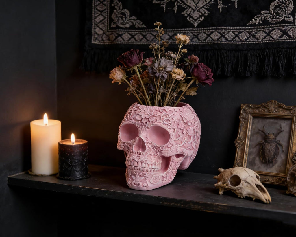 Skull Bowl Decorative Skull Vase Makeup Brush Pen Holder Organizer Dresser Gothic Table Organizer Decoration, Pink Skull Pot Enthusiasts Gifts