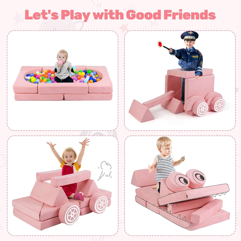INFANS Modular Kids Play Couch, 13 PCS Toddler Creative Sectional Fort Building Sofa for Bedroom, Playroom, Children Convertible Versatile Soft Foam Furniture Playset Crawling Floor Cushion