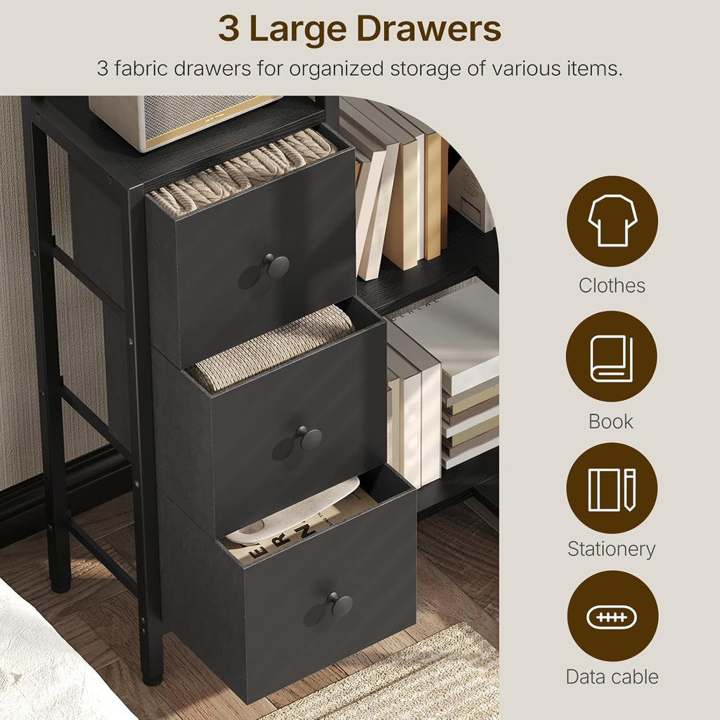 YATINEY Corner Bookshelf, 5-Tier L-Shaped Bookcase with 3 Fabric Drawers, Storage Display Shelf, Freestanding Tall Open Shelf, for Living Room, Bedroom, Home Office, Black SJ12BB