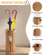 Rattan Umbrella Stand for Entryway,Hand-Woven Umbrella Holder Indoor with Doormat, Removable Drip Tray & 4 Hooks,Waterproof Umbrella Storage Basket