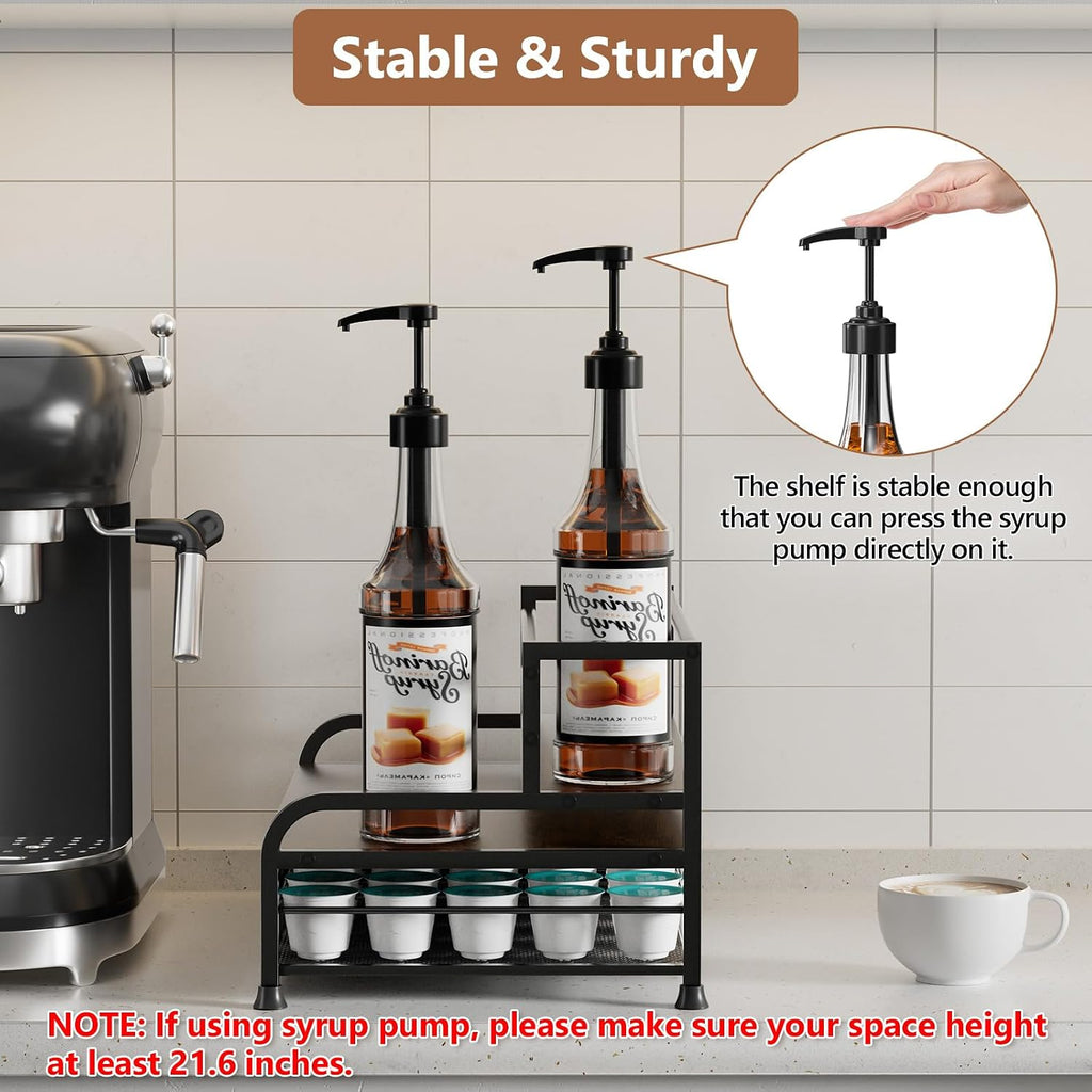 Coffee Syrup Rack Organizer, 3-Tier with 35 K-CUP Pod Holder Drawer | Black Metal Rack for 8 Syrup Bottles, Countertop Bottle Holder Stand for Wine, Space-Saving Design for Kitchen Cafe Station
