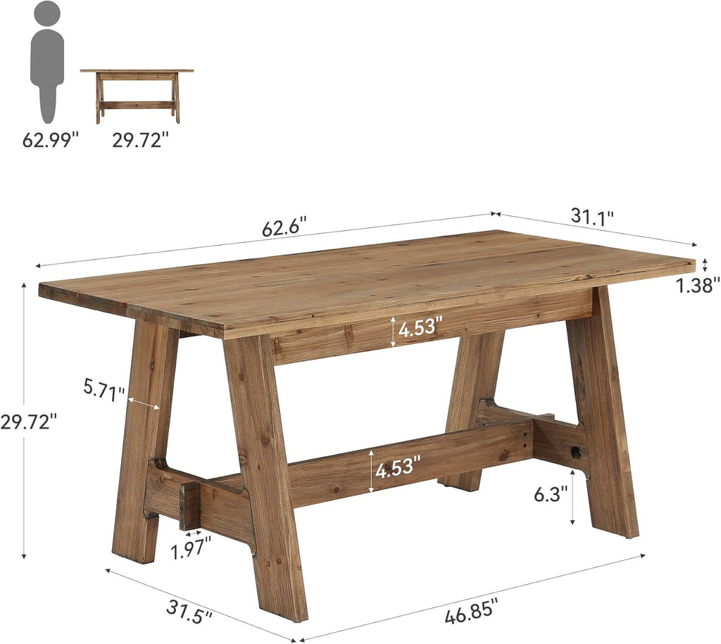 63-Inch Farmhouse Dining Table for 4-6, Natural Solid Wood Rectangle Kitchen Table, Rustic Wooden Dinner Furniture with Sturdy Trestle Base for Dining Room, Kitchen