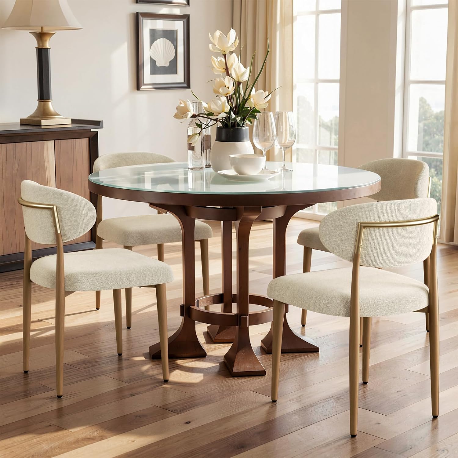 300LBS Dining Chairs Set of 4,Metal Kitchen Chairs,Modern Fabric Upholstered Dining Room Chairs with Ergonomic Curved Backrest for Kitchen Dining Room,Beige