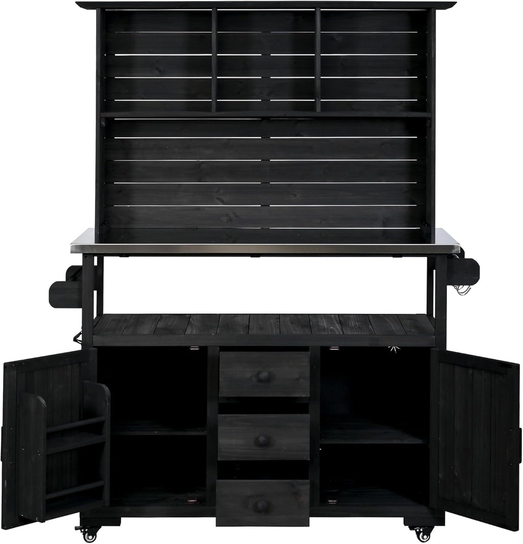 65''H Large Garden Storage Potting Bench with Lockable Wheels, Wood Outdoor Kitchen Island with Stainless Steel top, Drawers, Door Shelves and Hutch (Black-Wheels)