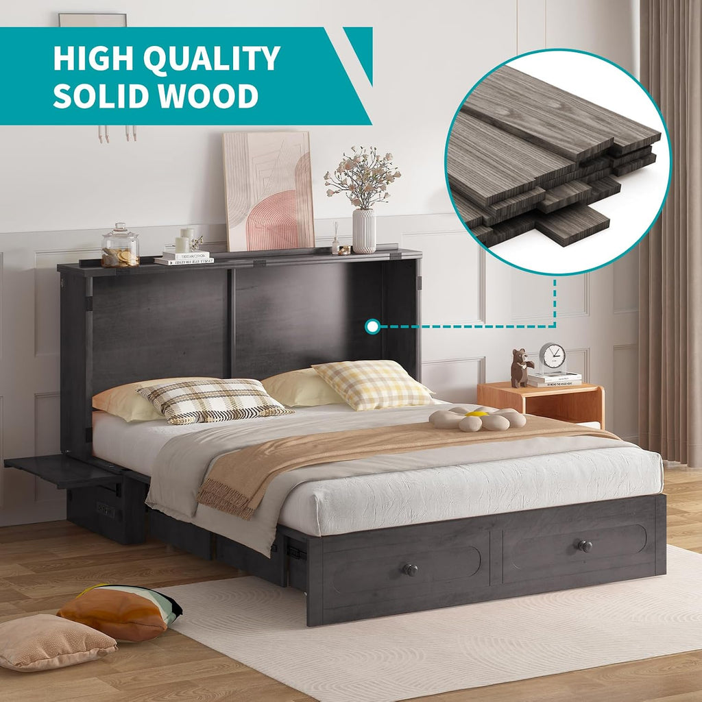 BALUS Queen Murphy Bed with Tri-fold Mattress, USB Charging Station, Murphy Cabinet Bed with Storage Drawer, Space-Saving Hidden Cabinet Chest Beds for Guest Room Living Room, Dark Grey