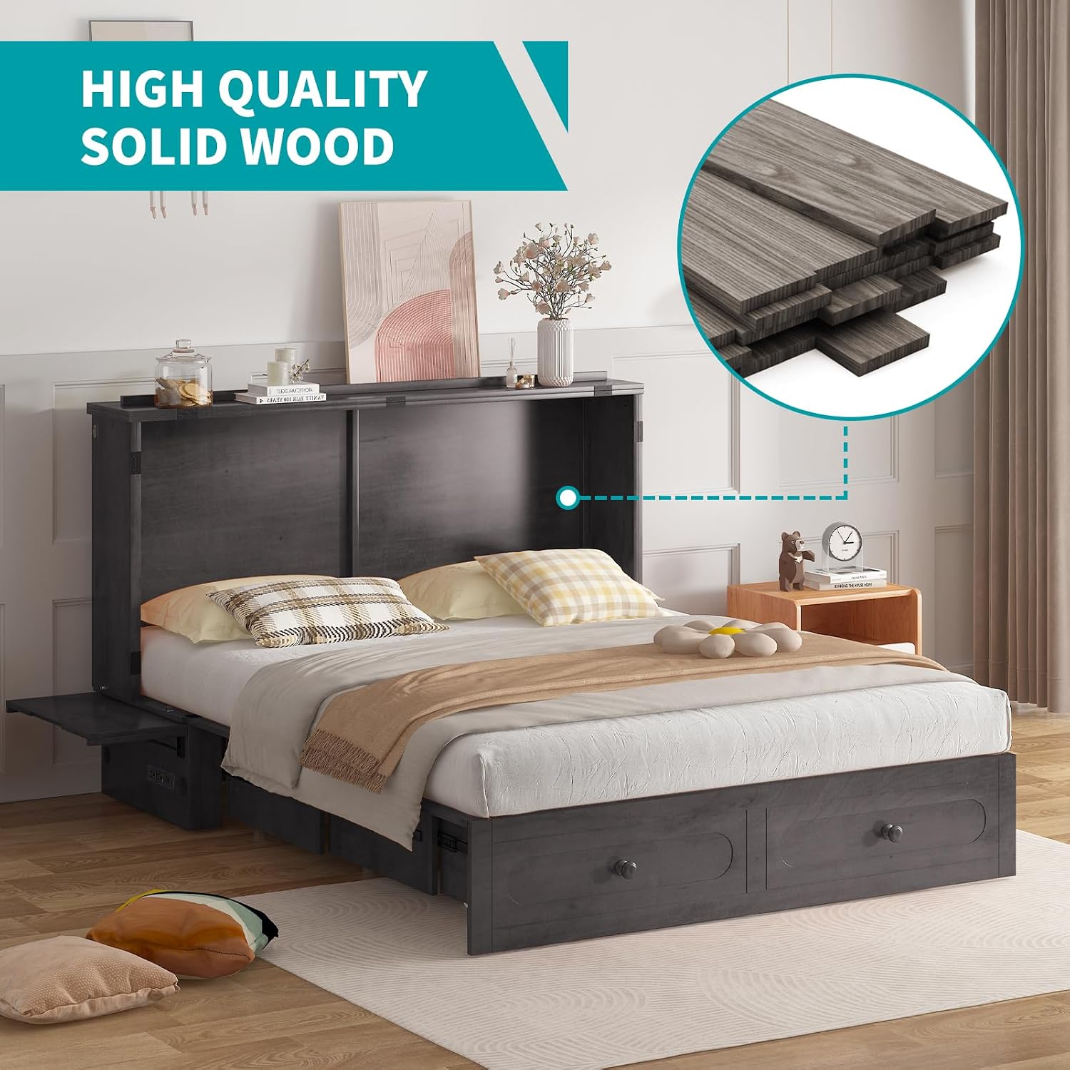 BALUS Queen Murphy Bed with Tri-fold Mattress, USB Charging Station, Murphy Cabinet Bed with Storage Drawer, Space-Saving Hidden Cabinet Chest Beds for Guest Room Living Room, Dark Grey