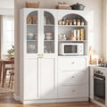 Cyclysio 80" Tall Pantry Cabinet with 3 Drawers, Arched Kitchen Storage Cabinets with 3-Tier Open Shelves and Glass Doors, Wood Floor Cupboard with Seamless Fit Wall for Living Room, Kitchen