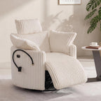 FOXHUNTER Power Nursery Rocking Chairs Glider Rocking Chair 300°Swivel Rocking Recliner with USB Charging Port and Phone Holder,Footrest,for Living Room, Corduroy, White