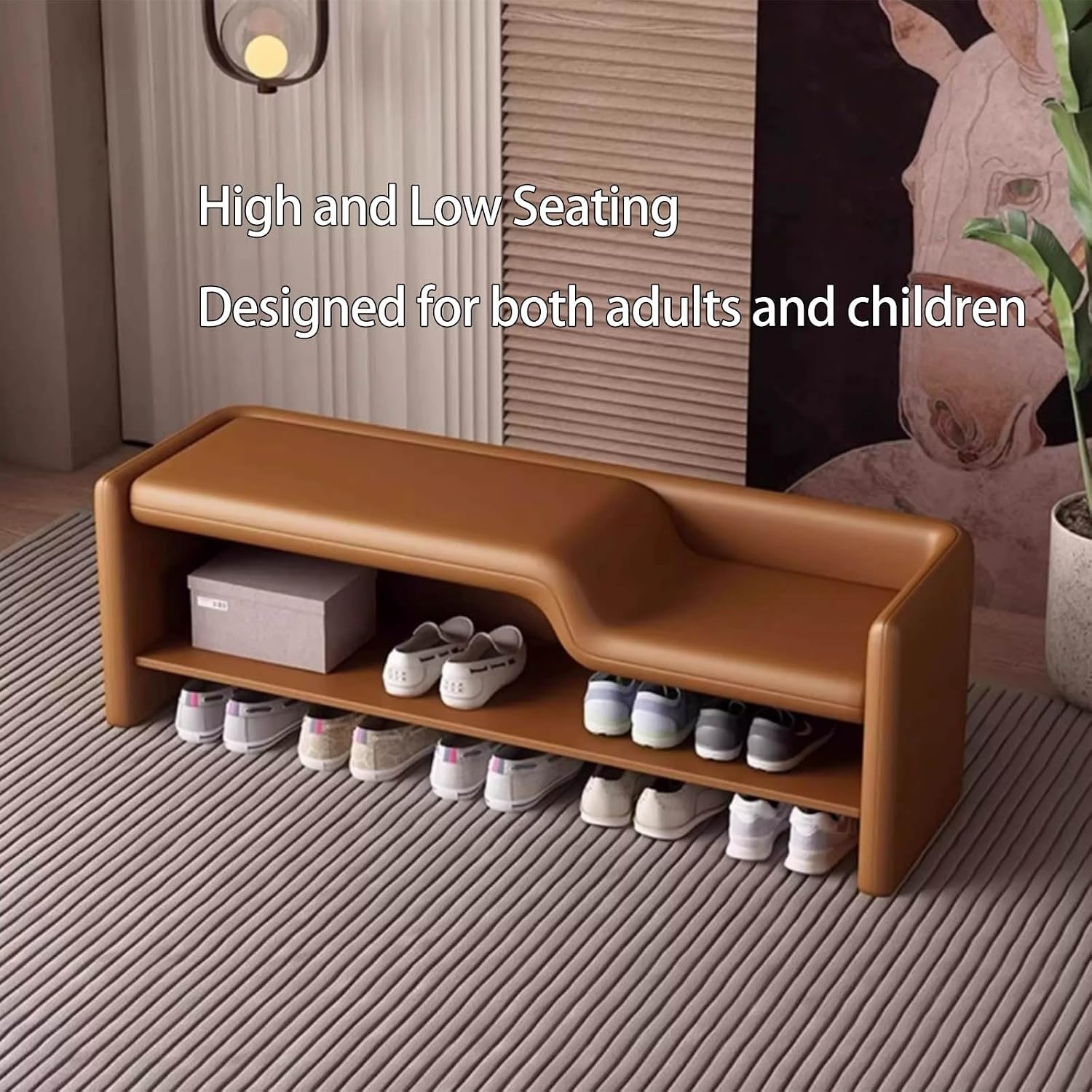 Solid Wood Parent-Child Seating Stool, Modern Entryway Shoe Bench, Leather Shoe Changing Stool with Solid Wood Frame, Dual-Tier Hallway Bench(Off-White,39in)